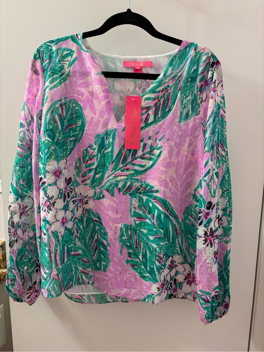 Lilly Pulitzer Pink & Green Tropical V-Neck Tunic Top Small NWT PTP 20.5/L 25